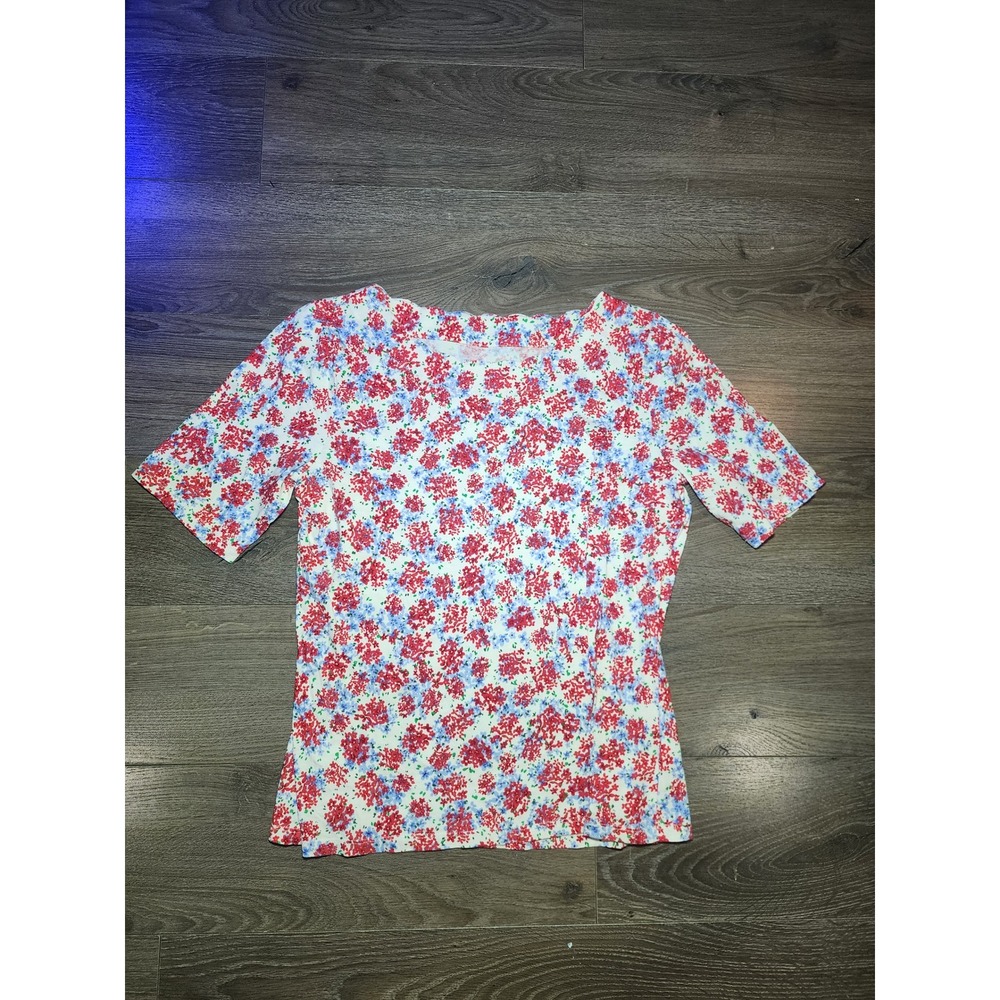 Talbots Womens M Pima Cotton Floral Scalloped Neck Short Sleeve‎ Top Red Blue